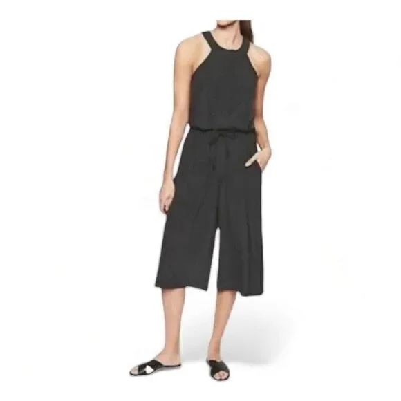 Athleta Mercer Wide Leg Cropped Halter Style Jumpsuit Back Cut Out Black 8 - Picture 2 of 12